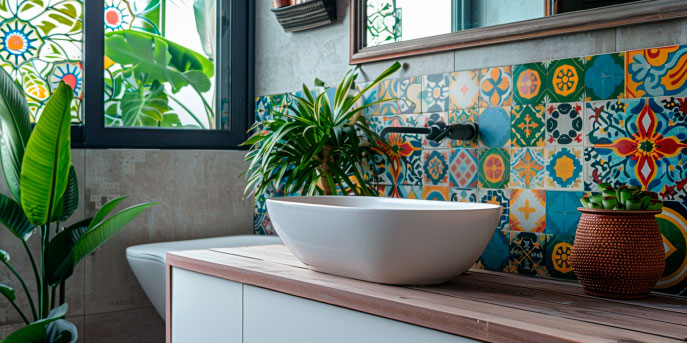 Modernes Badezimmer mit farbenfrohen Keramikfliesen und Pflanzen Stilvoll eingerichtetes Badezimmer mit bunten Fliesen, einem modernen Waschbecken und grünen Pflanzen